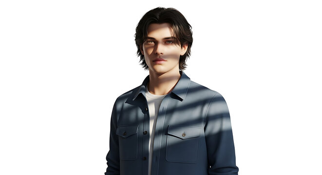 Young man in casual blue shirt casting shadows from window blinds, studio portrait, natural light, contemplative mood, isolated on white