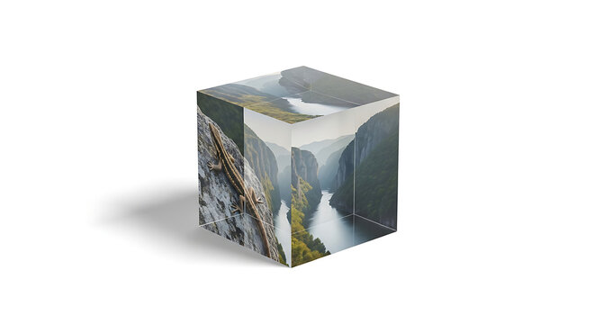 Pixelated cube displaying a serene mountain landscape with a river winding through a valley, nature photography concept