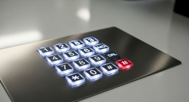 Illuminated numerical keypad with glowing digits and a red hash button