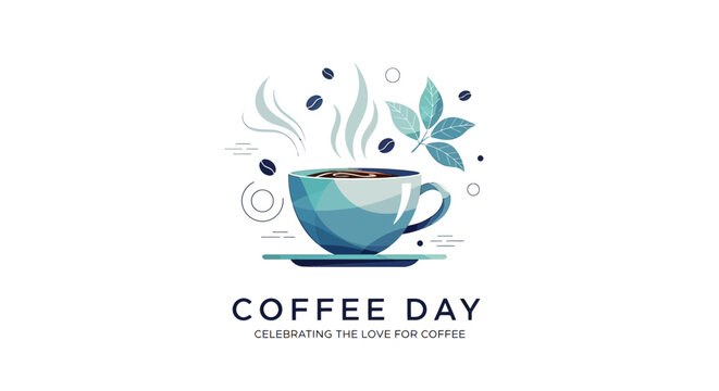 Blue Coffee Cup with Steam and Leaves.
