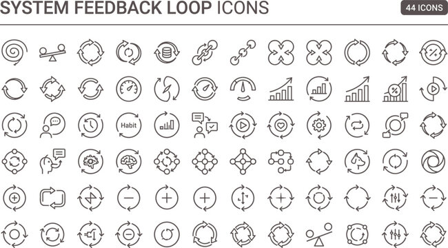 System feedback loop icons in clean outline style for control process monitoring dashboard interface and performance optimization systems
