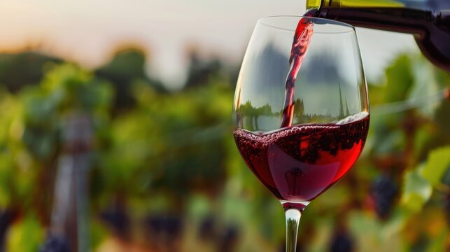 Pouring Red Wine into Glass Surrounded by Lush Vineyard Landscape at Sunset, Capturing the Essence of Wine Culture