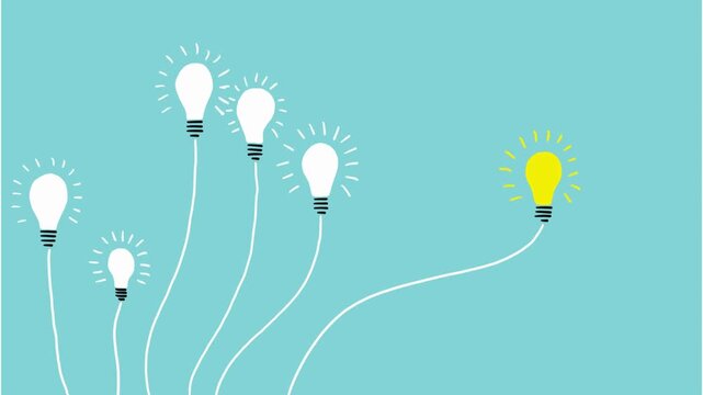 creative idea light bulb animation teal background - Minimal animated light bulb concept with multiple bulbs turning on sequentially on teal background, representing creativity, innovation, and idea g