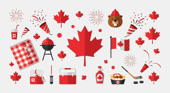 Canada Day Celebration Flat Design Elements: Maple Leaves, BBQ, Flag, Fireworks