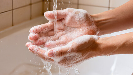 Fototapeta premium Close-Up of Hands Washing with Soap Under Running Water for Hygiene Concept