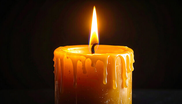 Close up of a burning candle with a bright flame against a dark background