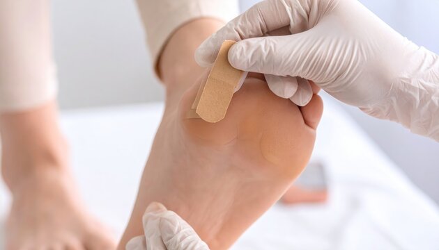 Close-up of a medical professional's gloved hands applying adhesive bandage to the sole of a person's foot for blister or callus treatment.