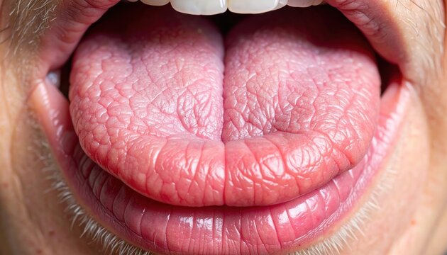 Detailed close-up of a human tongue inside an open mouth, showcasing the distinctive irregular patterns of geographical tongue (benign migratory glossitis).
