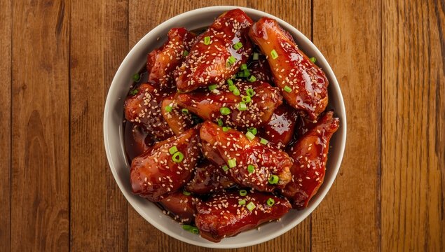 Delicious soy-glazed chicken wings with garnish on a wooden table, overhead perspective.