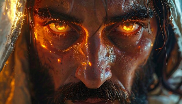 A close-up of a man's face with glowing orange eyes