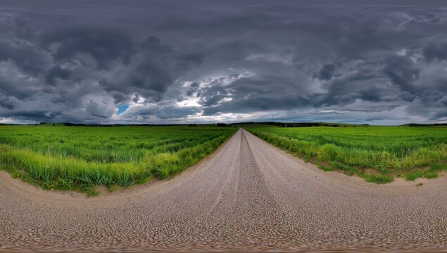 360-degree HDR panorama of a gravel road through spring fields on an unpleasant evening before sunset, in seamless equirectangular projection for VR content.