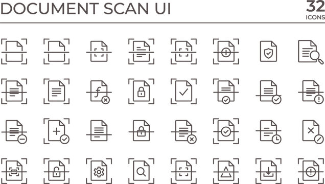 Document Scan UI Outline Icon Set with File Capture OCR Processing Security Verification and Workflow Tools for Apps