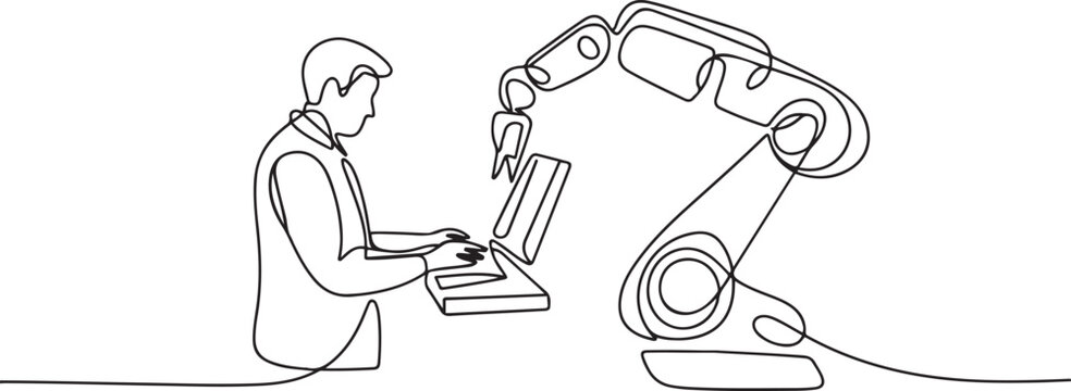 Continuous single line drawing of a man operating a factory machine with a robotic system. one line art icon drawing vector