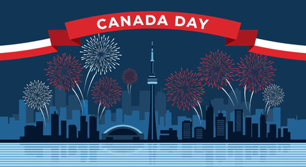 Naklejka premium Canada Day Fireworks Over Toronto Skyline Celebration