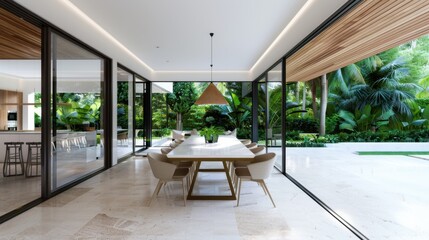 Fototapeta premium Modern dining room with large glass doors, elegant furniture, surrounded by greenery and natural light in contemporary home design