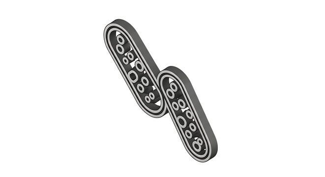 Two interlocking dark grey isometric tread elements with circular openings, symbolizing connection and modularity