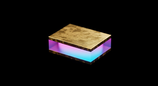 Rectangular prism with golden textured top and glowing translucent pink and blue sides isolated on black, abstract geometric shape, modern design element