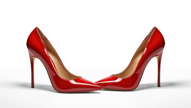 Shiny red stilettos arranged evenly on a white backdrop. Chic and sophisticated shoe idea ideal for fashion, retail, or marketing designs.