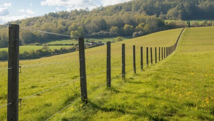 Naklejka premium Recently set up electric fence and wooden posts observed on a farm in a scenic UK location, with a forest visible in the background.
