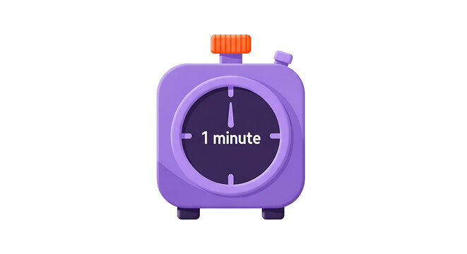 Purple cartoon timer showing one minute, digital clock face with orange knob, isolated on white background, time management concept