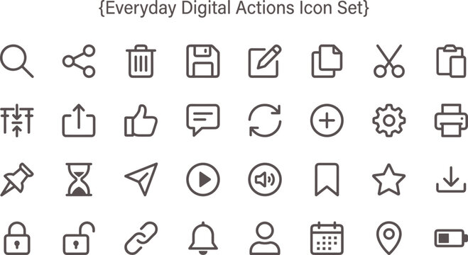 Everyday Digital Actions Outline Icon Set with Interface Controls Editing Sharing Navigation and User Interaction Tools for Apps