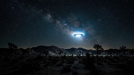 Fototapeta premium Mysterious Unidentified Flying Object Hovers in Desert Under Milky Way Sky