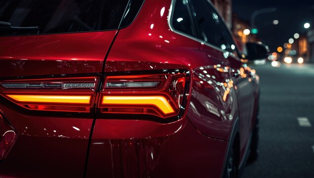 Close-up of a contemporary red car's tail light at night, featuring illuminated orange LEDs and streetlight reflections on its surface.