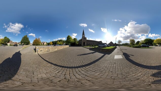complete 360-degree HDRI panorama of a parking lot by a stone fence beside a small church, in equirectangular format for AR and VR use