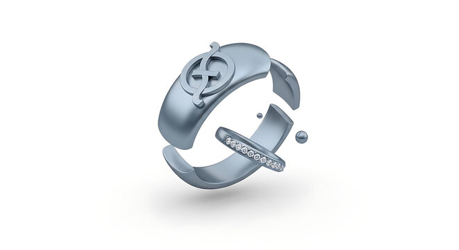 Silver ring broken into pieces, symbolizing relationship breakup, divorce, or loss of connection, isolated on white background