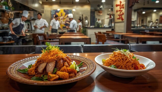 Spicy Rice Salad with Fermented Pork and Crispy Rice, or Yam Naem Khao Thot, alongside Spicy Rice Vermicelli Salad, known as Yum Khanom Jeen, served with sides.