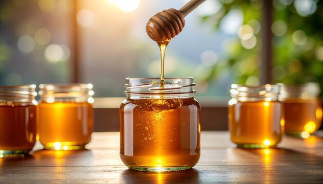 Honey dripping into jar with wooden dipper