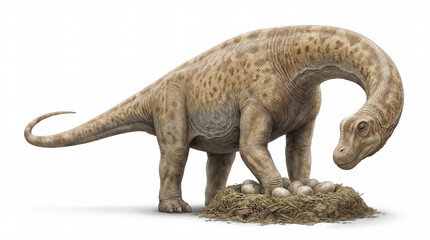 Fototapeta premium Argentinosaurus huinculensis Nesting with Eggs Isolated on White Background, Giant Titanosaur Dinosaur with Clutch, Realistic Paleoart