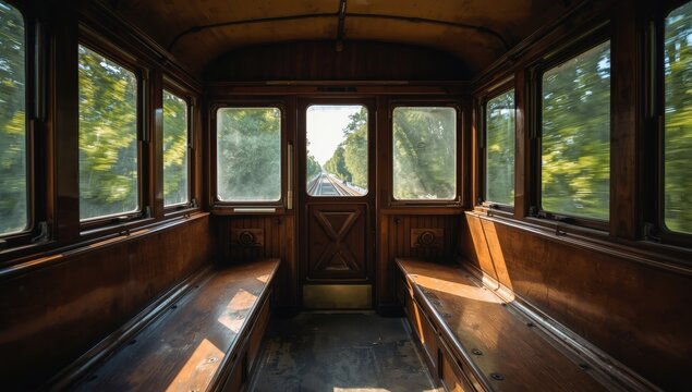vacant train compartment with greenery outside