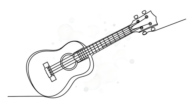 Simple line drawing of a ukulele, musical instrument with strings and tuning pegs, isolated on a light background with subtle bokeh effect