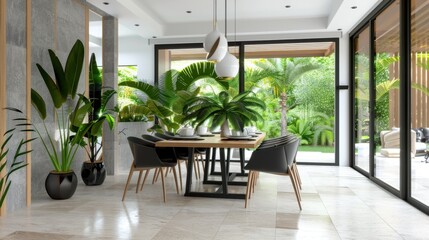 Fototapeta premium Modern Dining Room with Tropical Plants and Natural Light in Luxurious Home Interior Design
