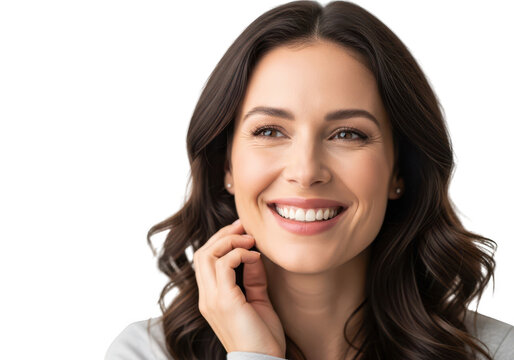 A portrait of a beautiful woman with a radiant smile posing gracefully against a clean white background for a professional lifestyle concept