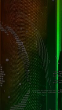 Dotted globe rotating and creating glowing links after yellow node lighting, syncing green HUD code