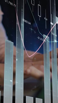 Vertical video: Hands typing keys updating market UI with bars pink trend $ tags tracking market