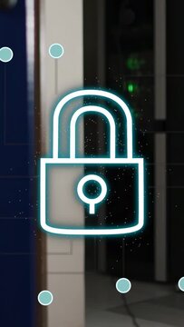 Padlock graphic forming from glyphs, neon-pulsing and extending circuit nodes, securing server rack