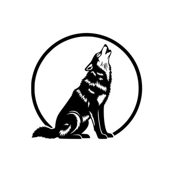 A black and white drawing of a wolf howling at the moon Vector, illustration