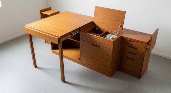 Compact wooden multi-purpose furniture with integrated storage, desk, and drawers for modern living spaces