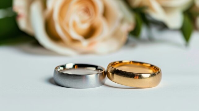 Elegant silver and gold wedding rings positioned elegantly beside a soft rose flower on a white background