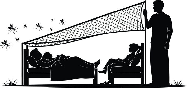 Mosquito net silhouette vector, family sleeping under protective bed netting, malaria prevention and insect protection concept illustration