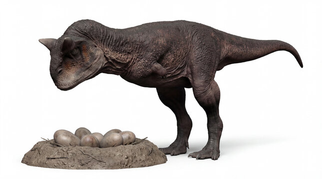 Carnotaurus sastrei with Nest and Eggs Isolated on White Background with Shadow, Carnivorous Theropod Dinosaur Guarding Clutch, Realistic Paleoart