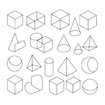 Various 3d geometric shapes in different views and projections Vector, illustration