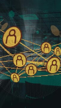 Vertical video: Golden node network rotating pulsing teal technology camera closing revealing links
