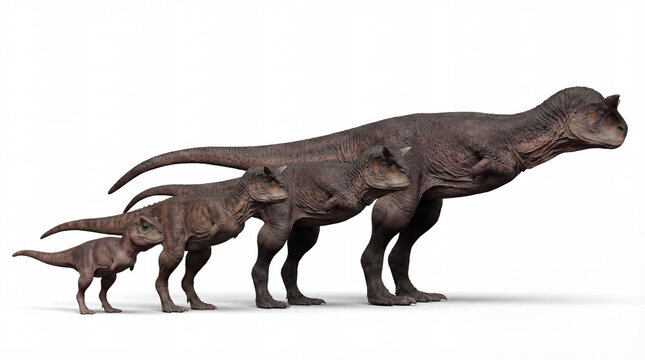 Carnotaurus sastrei Growth Stages Isolated on White Background with Shadow, Juvenile to Adult Theropod Dinosaur Progression, Realistic Paleoart