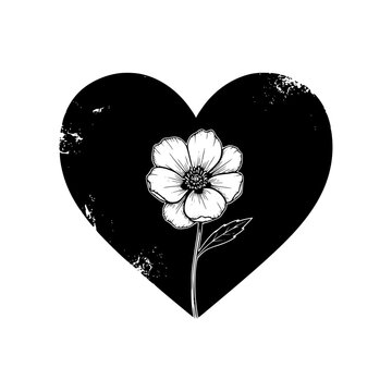 A black heart with a white flower on a white background Vector, illustration