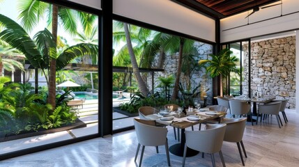 Fototapeta premium Elegant modern dining area with lush tropical garden view, bright natural light, and sophisticated decor