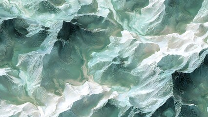 Obraz premium Abstract 3D landscape of icy mountains and jagged peaks in mint green and white. Topographic relief map with cold frosty texture. Surreal winter terrain for arctic and tech backgrounds.